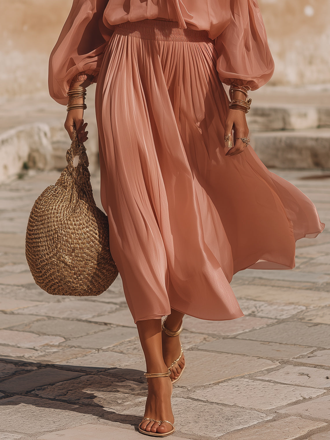 Romantic Resort Sheer Chiffon Dusty Pink Tie Neck Balloon Sleeve Pleated Midi Two Piece Set