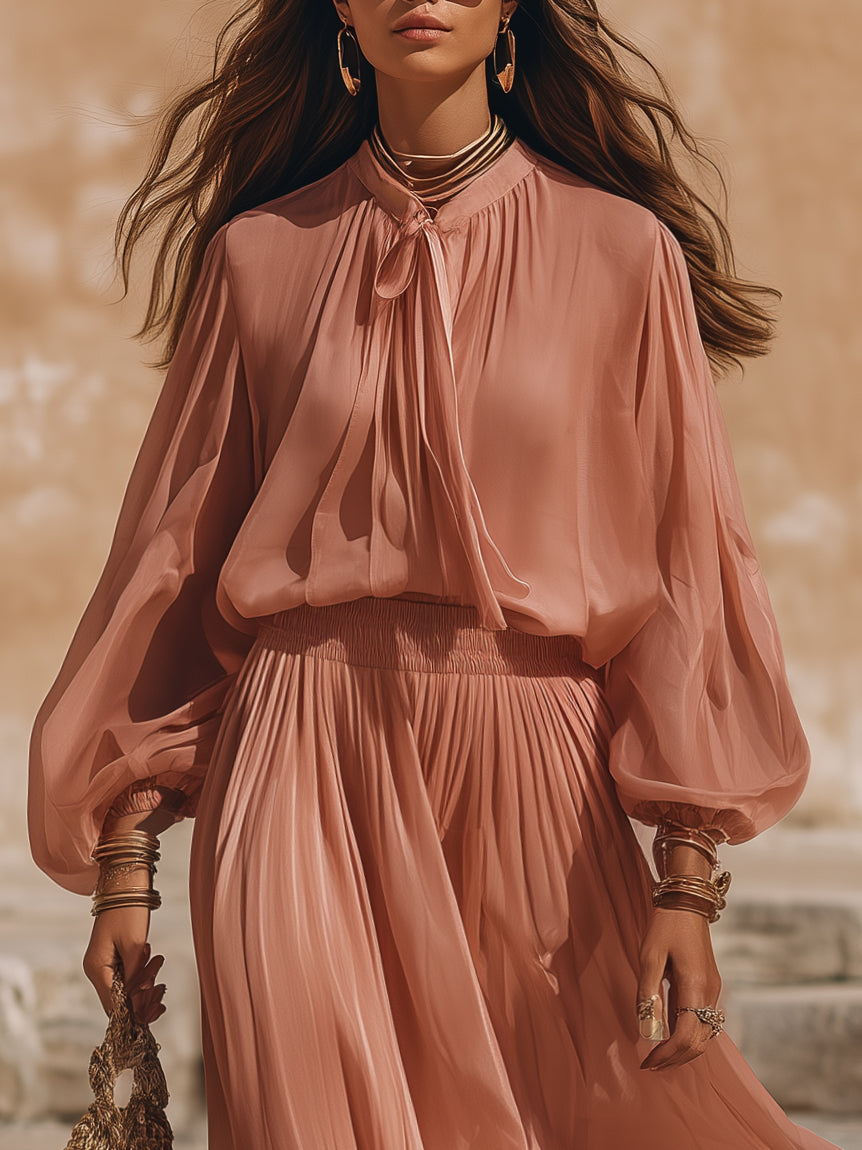 Romantic Resort Sheer Chiffon Dusty Pink Tie Neck Balloon Sleeve Pleated Midi Two Piece Set