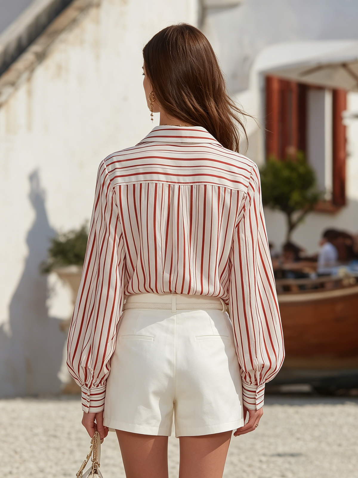Resort-style Long-sleeve Striped Chiffon Top