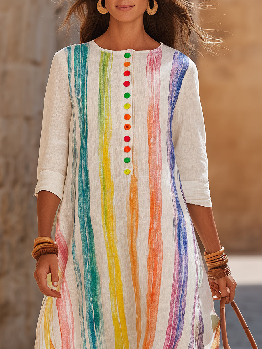 Boho Holiday Crinkled Woven Fabric Rainbow Vertical Stripe Crew Neck Three Quarter Sleeve Loose Midi Dress