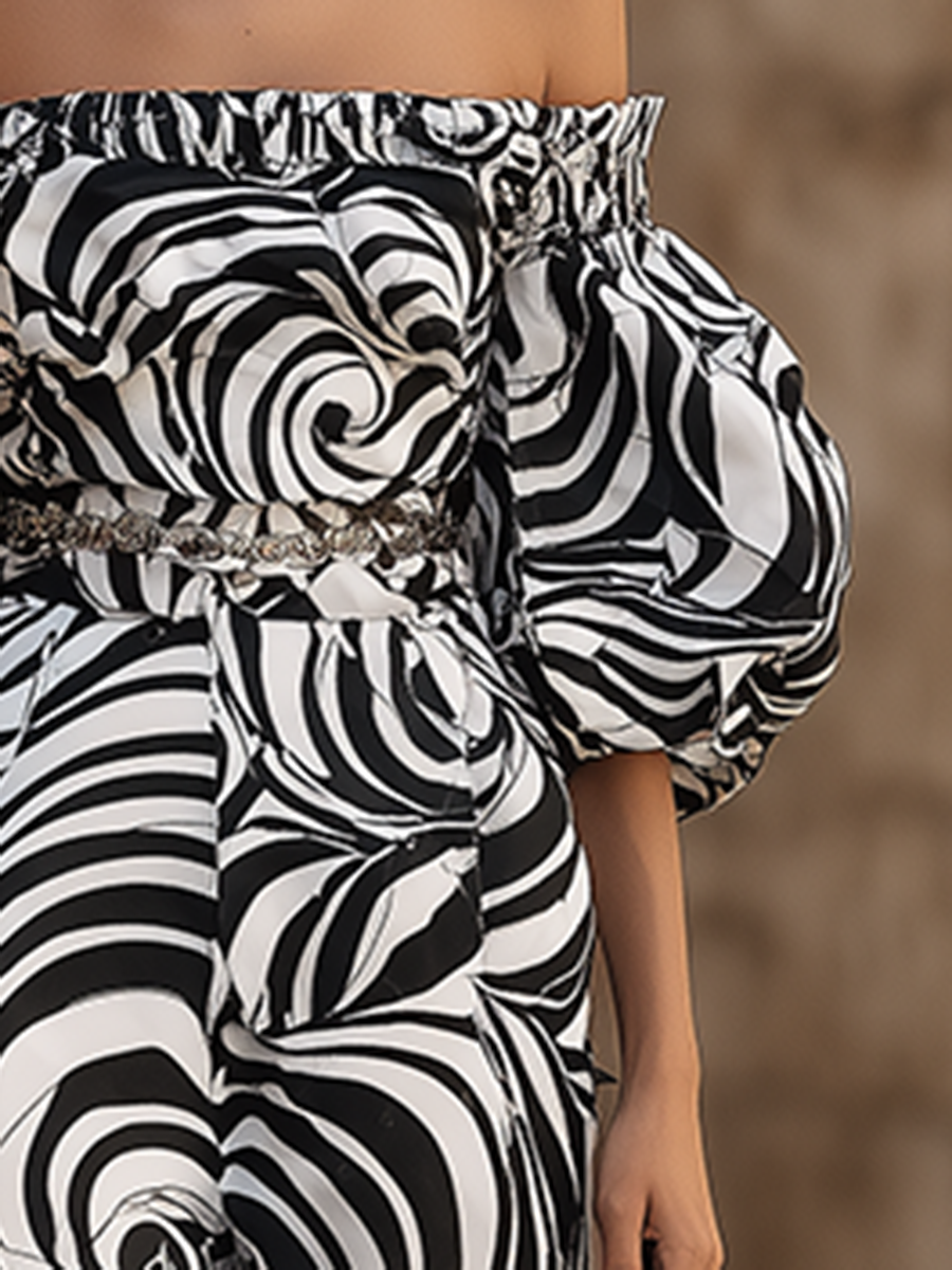 Vacation Drama Off-Shoulder Puff Sleeve Swirl Print Jumpsuits