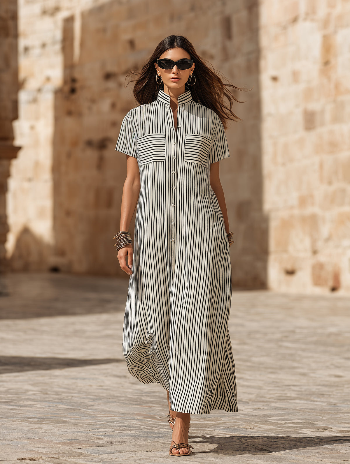 Minimalist Resort Linen Blend Vertical Stripe Stand Collar Short Sleeve Pocket Shirt Maxi Dress
