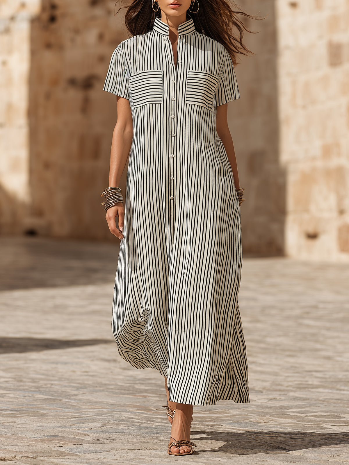 Minimalist Resort Linen Blend Vertical Stripe Stand Collar Short Sleeve Pocket Shirt Maxi Dress