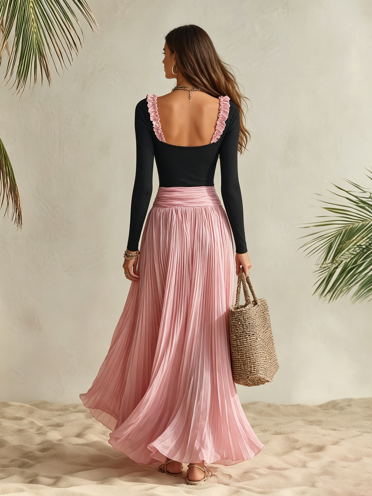 Vacation-style Long-sleeve Maxi Dress With A Square Neck, Ruffles, And Color-blocking.