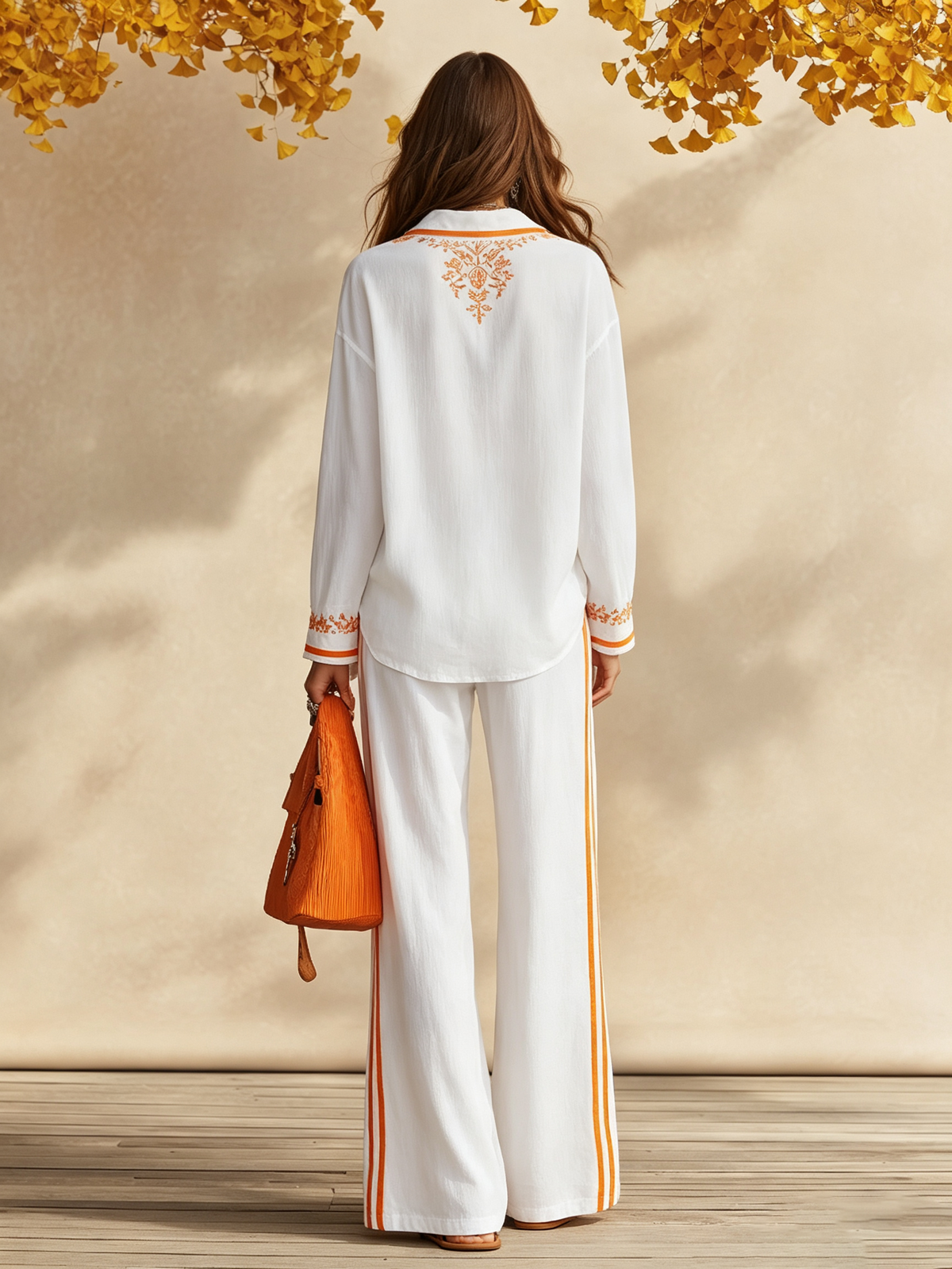 Resort-style V-neck Long-sleeve Embroidered Top And Trousers Set