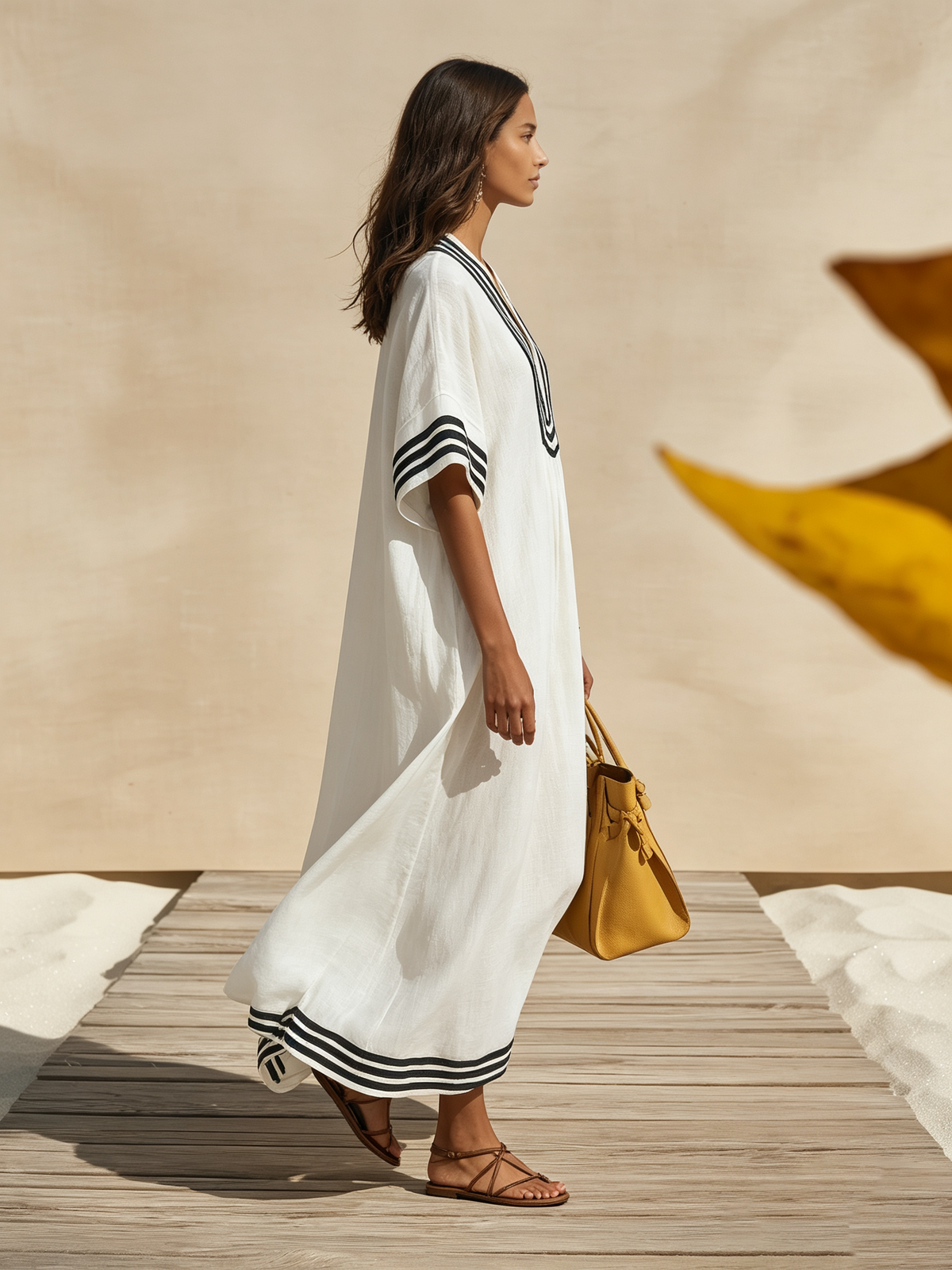 Resort-style V-neck Short-sleeved Striped Midi Dress