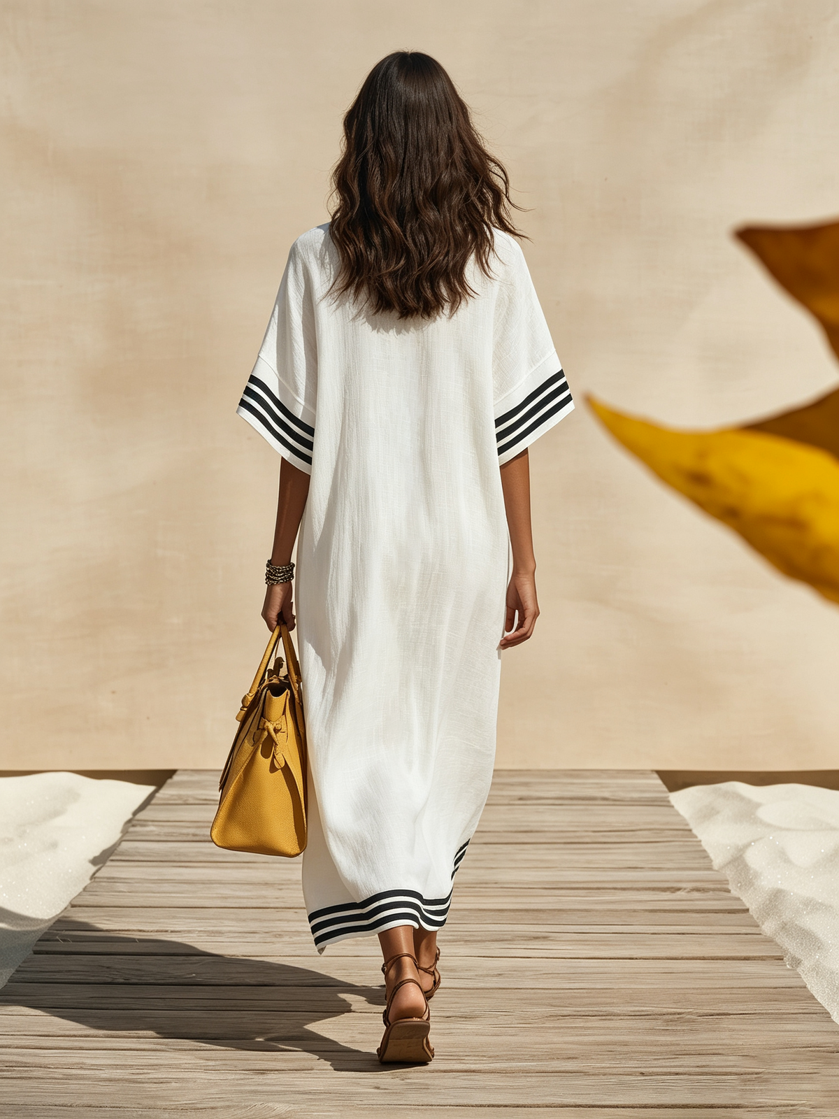 Resort-style V-neck Short-sleeved Striped Midi Dress