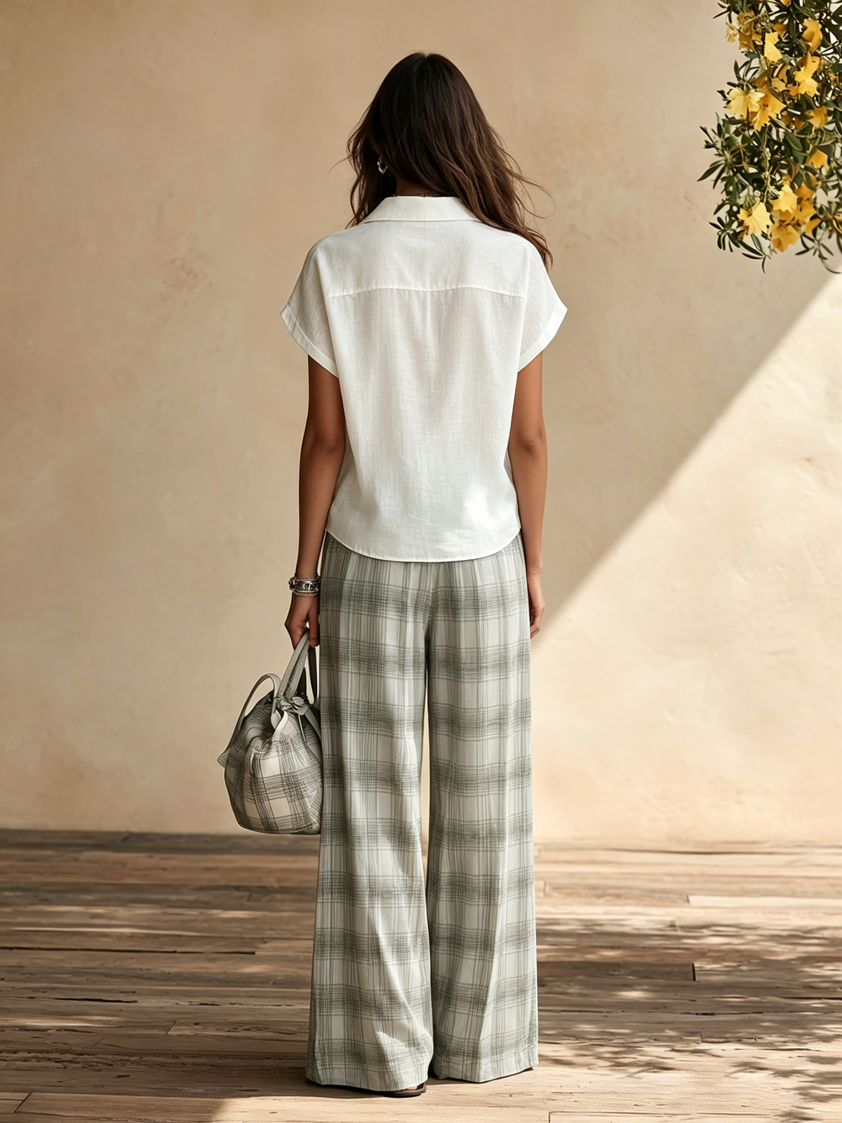 Resort-style Short-sleeved Embroidered Top And Plaid Trousers Set