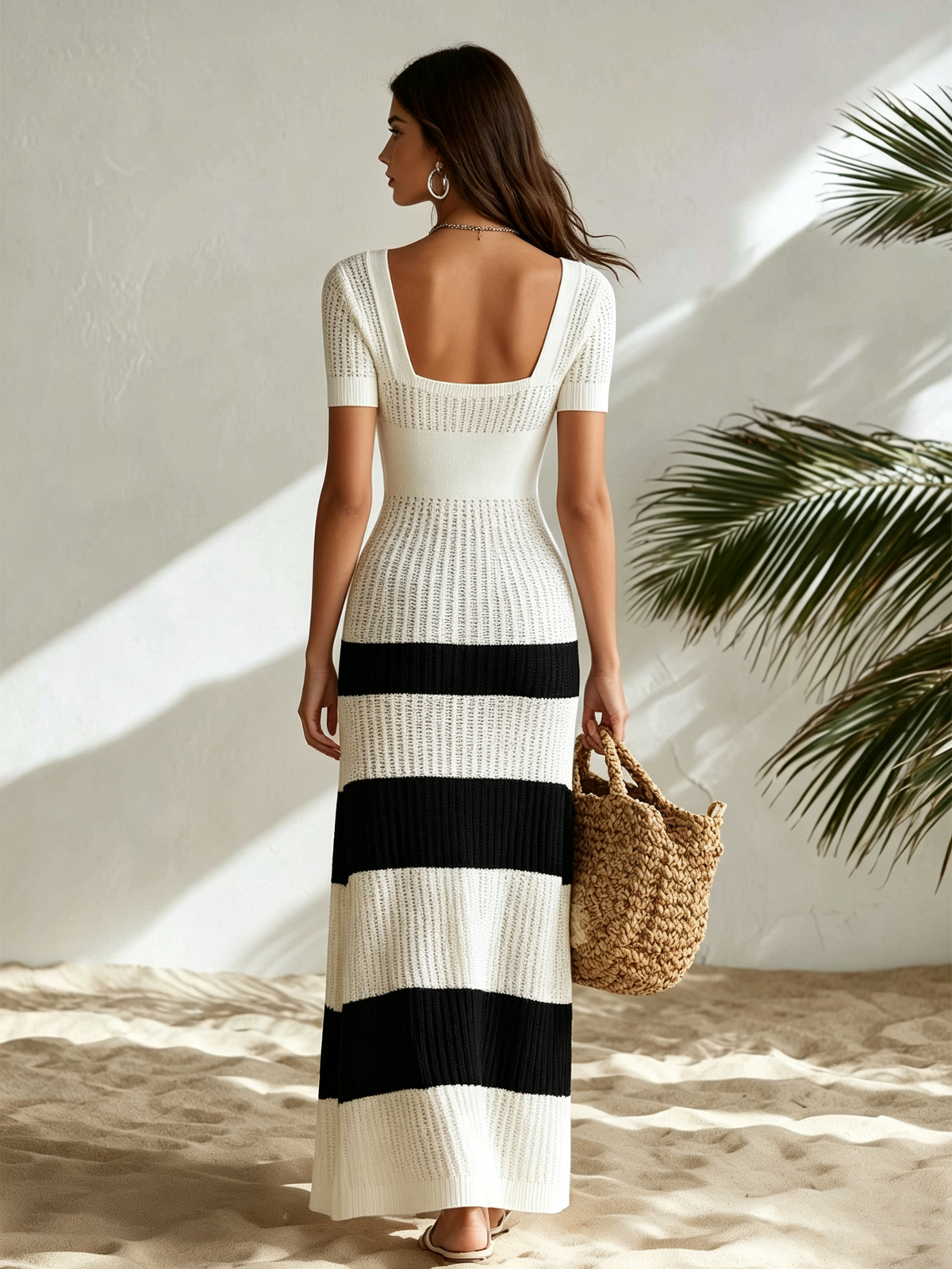 Vacation-style Square-neck Short-sleeve Color-block Stripes Maxi Dress