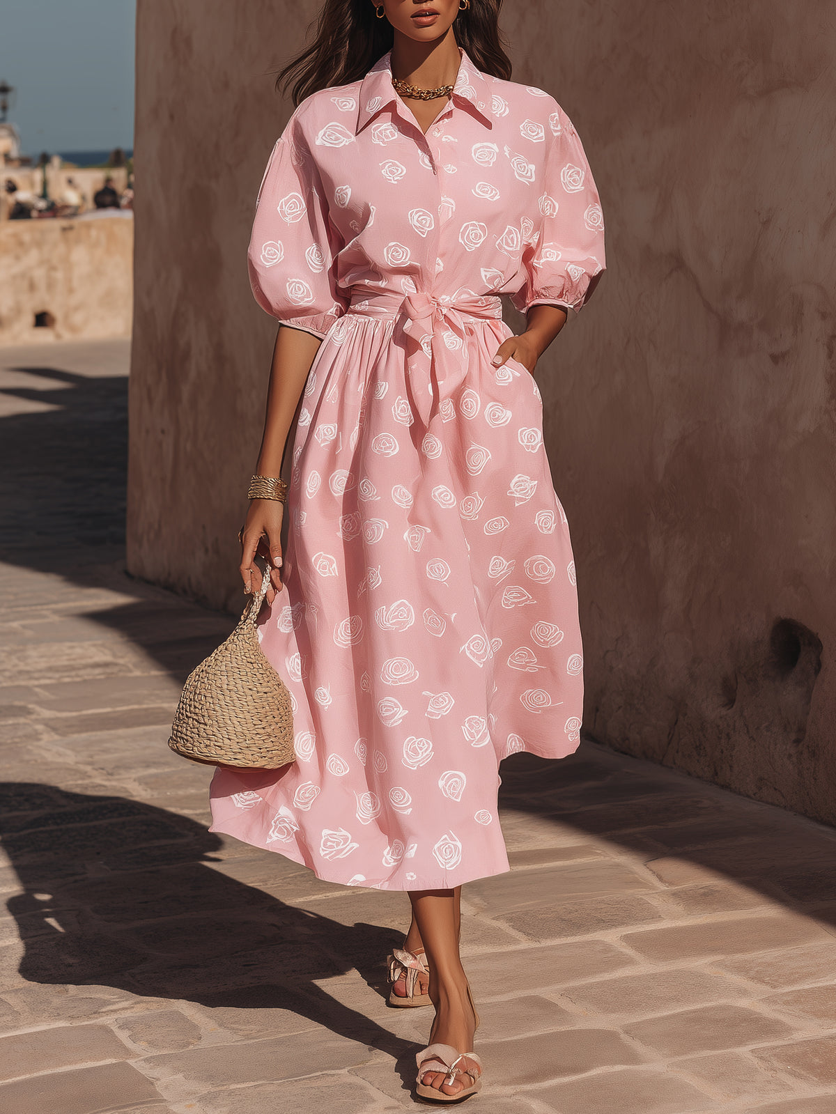 Romantic Resort Light Woven Fabric Pink White Rose Print Collar Puff Sleeve Tie Waist Shirt Midi Dress