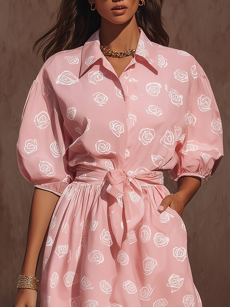 Romantic Resort Light Woven Fabric Pink White Rose Print Collar Puff Sleeve Tie Waist Shirt Midi Dress