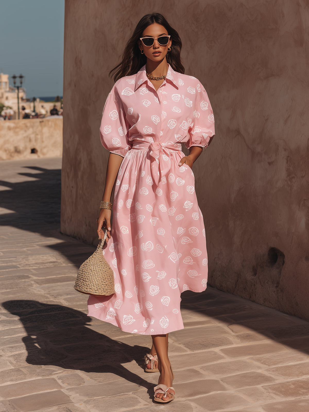 Romantic Resort Light Woven Fabric Pink White Rose Print Collar Puff Sleeve Tie Waist Shirt Midi Dress