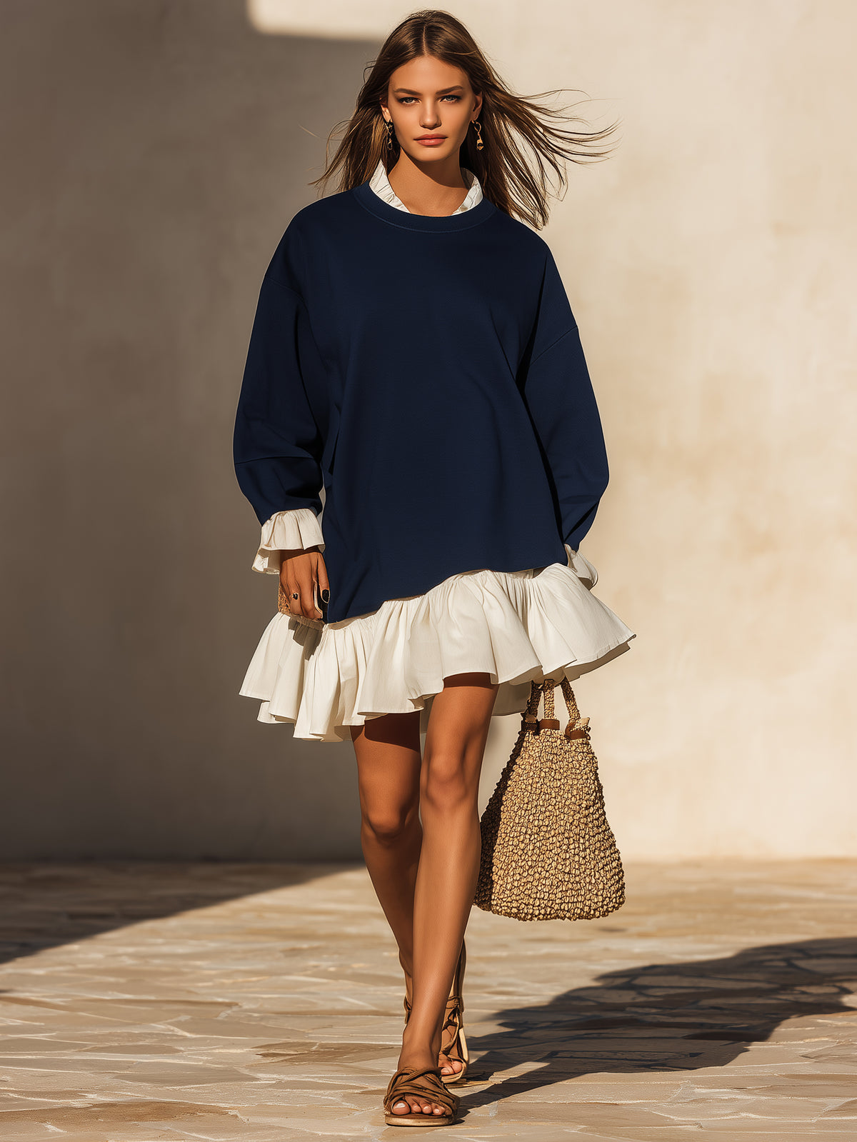 Casual Resort French Terry Knit & Ruffle Woven Patchwork Crew Neck Long Sleeve Mini Dress
