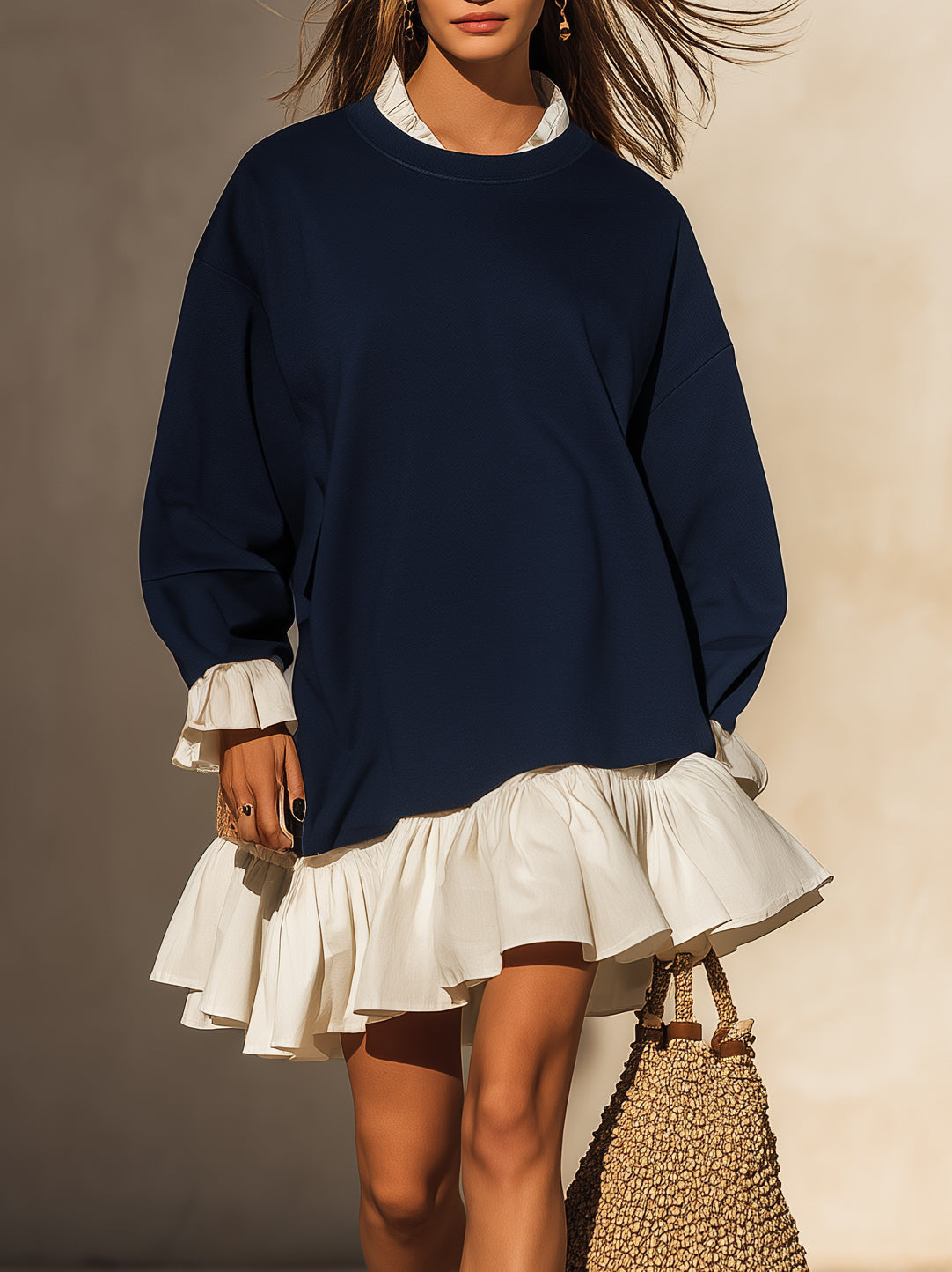 Casual Resort French Terry Knit & Ruffle Woven Patchwork Crew Neck Long Sleeve Mini Dress