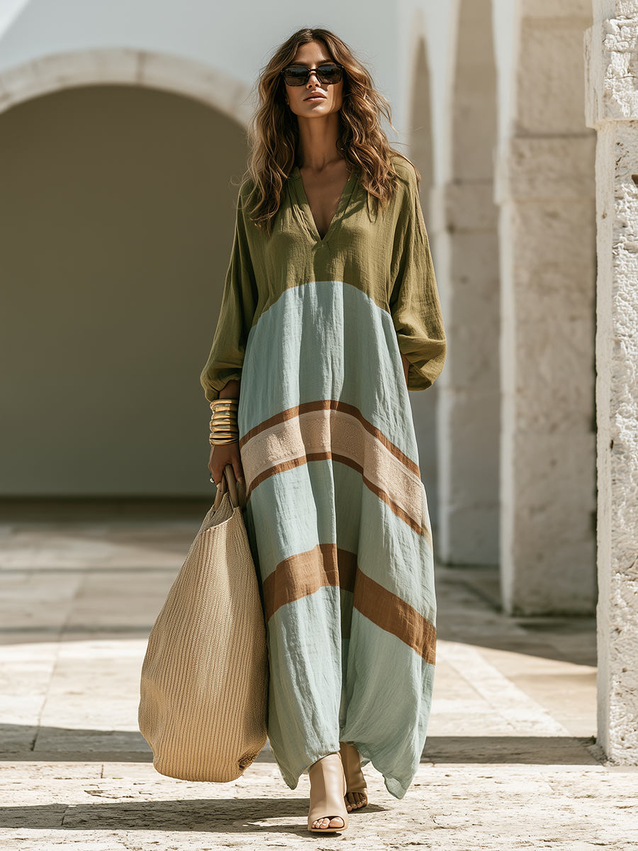 Loose-fitting Bohemian Long-sleeve Color-block Cotton-linen Maxi Dress