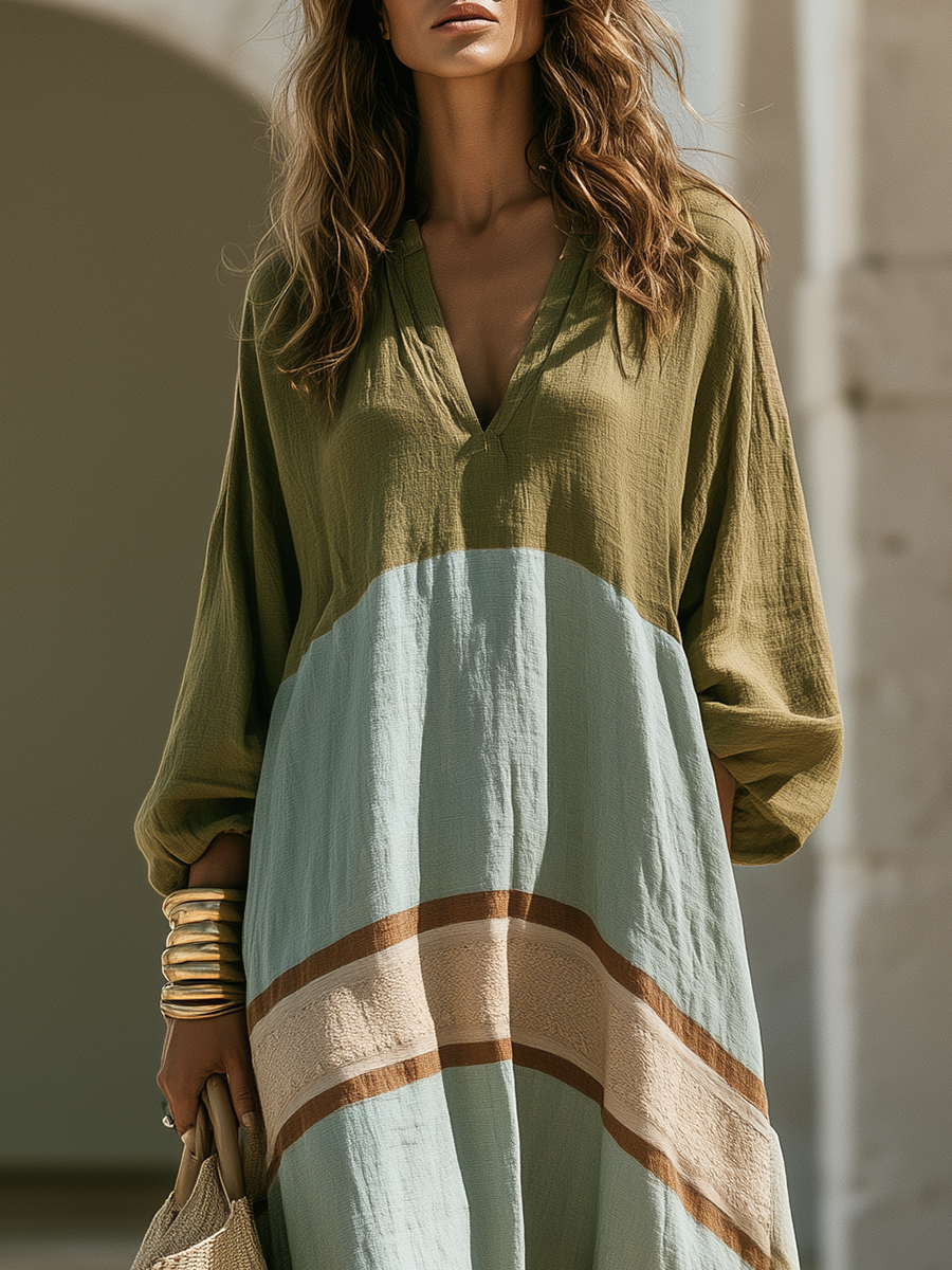 Loose-fitting Bohemian Long-sleeve Color-block Cotton-linen Maxi Dress