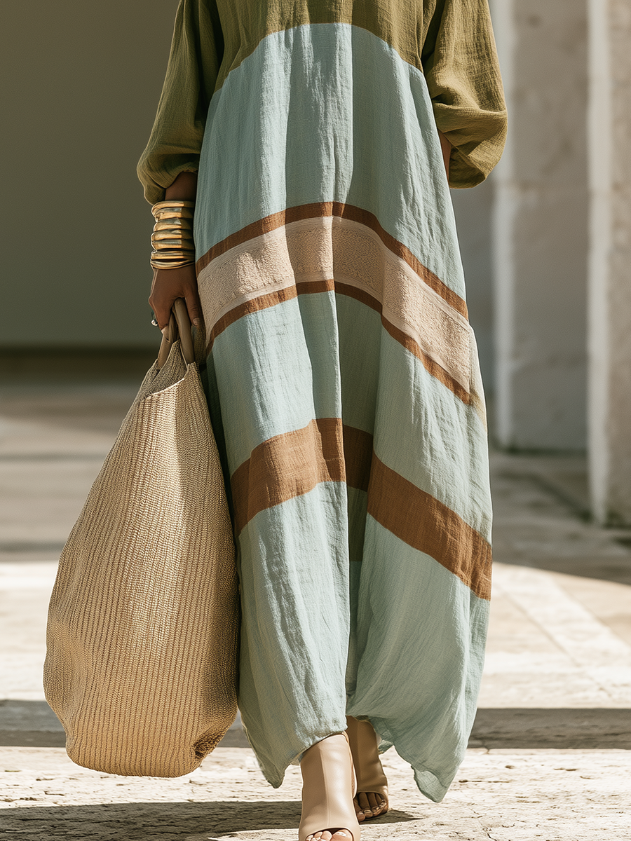 Loose-fitting Bohemian Long-sleeve Color-block Cotton-linen Maxi Dress