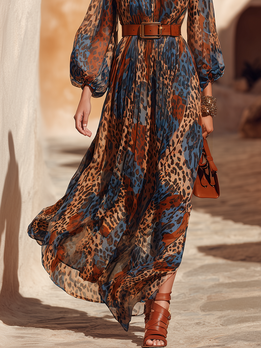 Bohemian Colorful Leopard Print Chiffon Maxi Dress