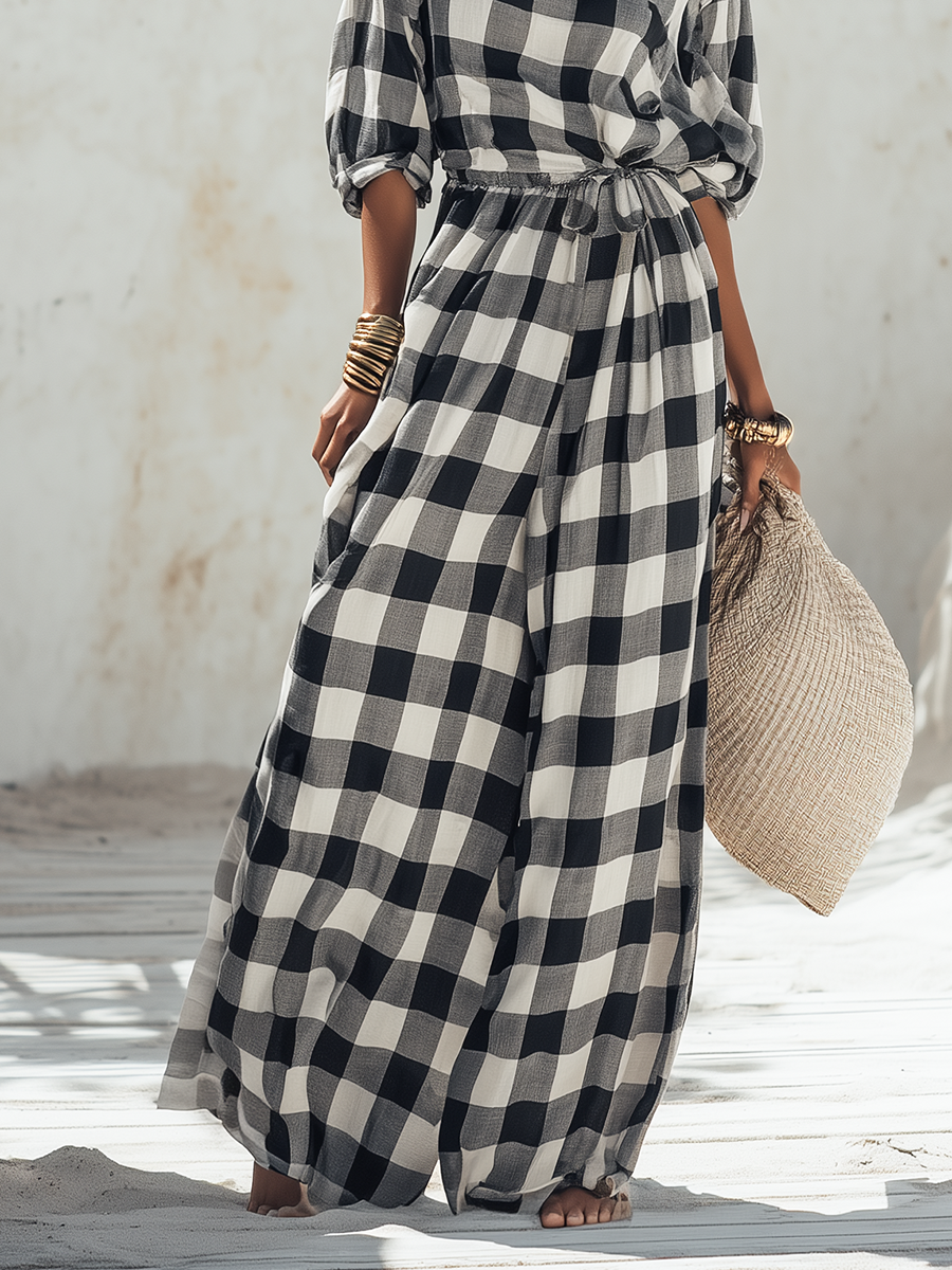 Minimalist Vacation Crew Neck And Long Sleeves Black And White Checkered Wide-Leg Jumpsuit