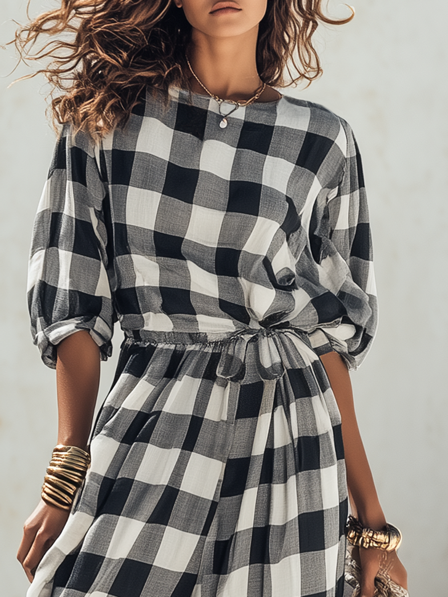 Minimalist Vacation Crew Neck And Long Sleeves Black And White Checkered Wide-Leg Jumpsuit