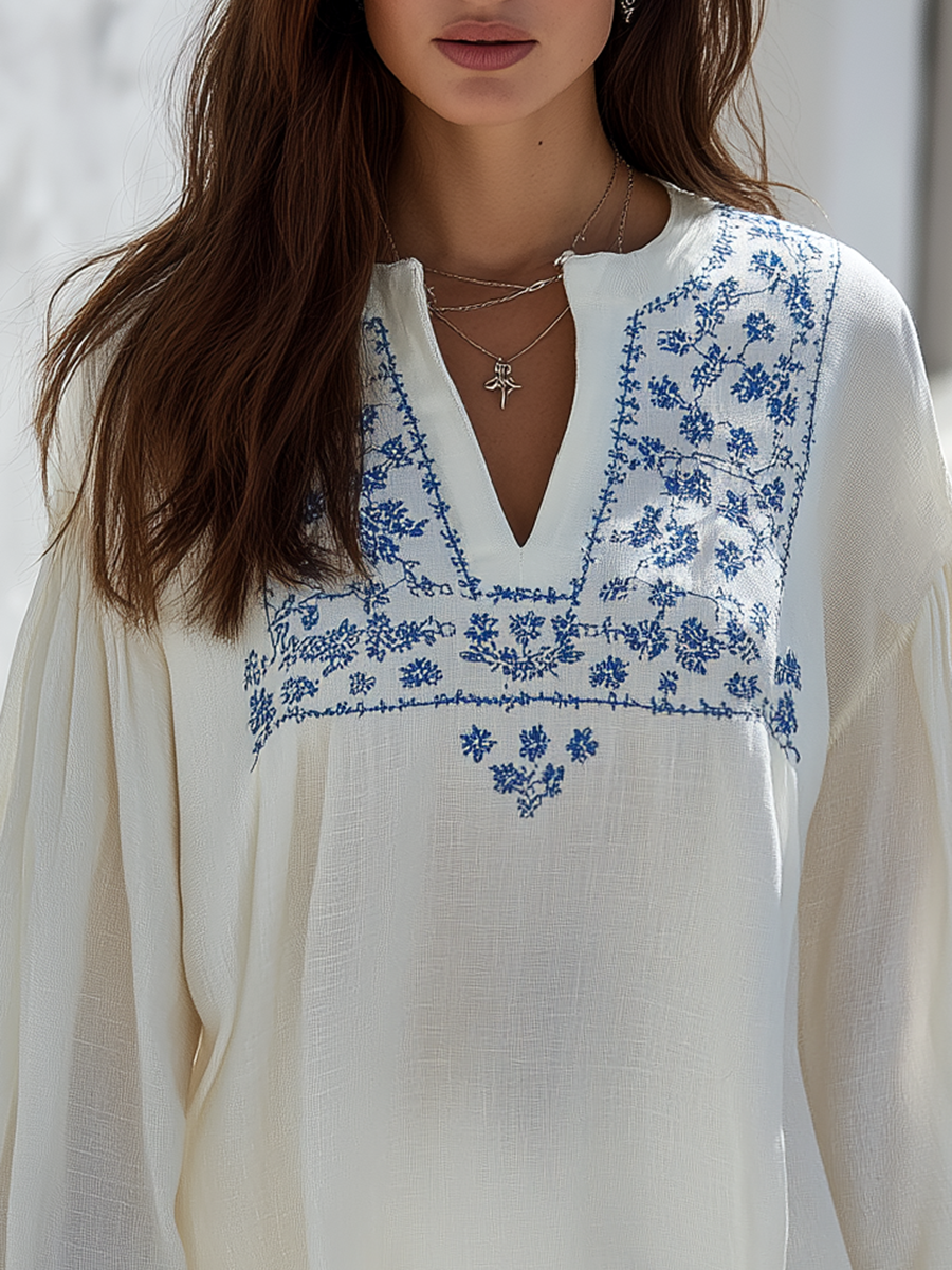Resort-style V-neck Embroidered Long-sleeve Top And Shorts Set