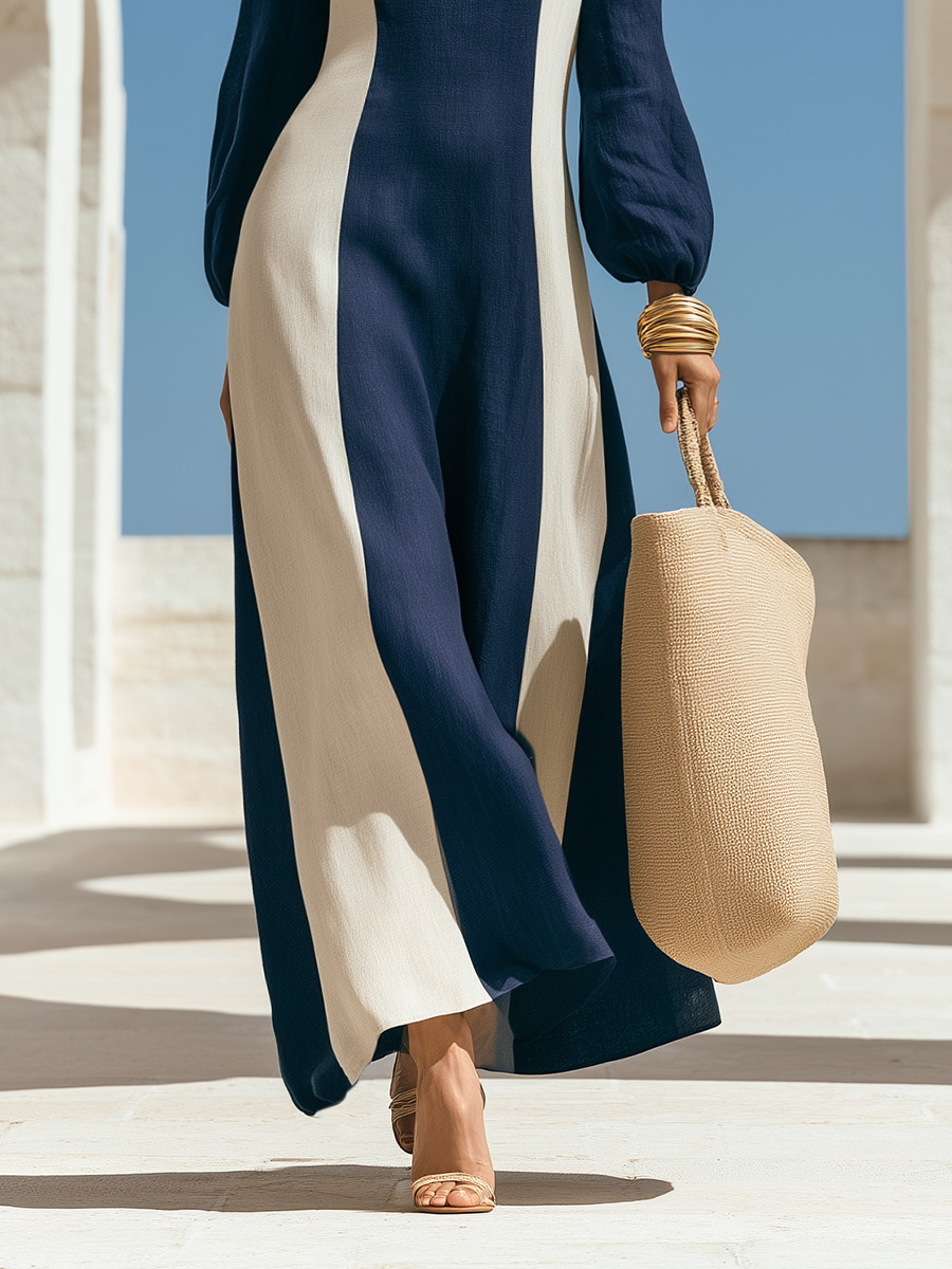 Old Money Vacation  Color-Block Square-Neck Cotton-Linen Maxi Dress