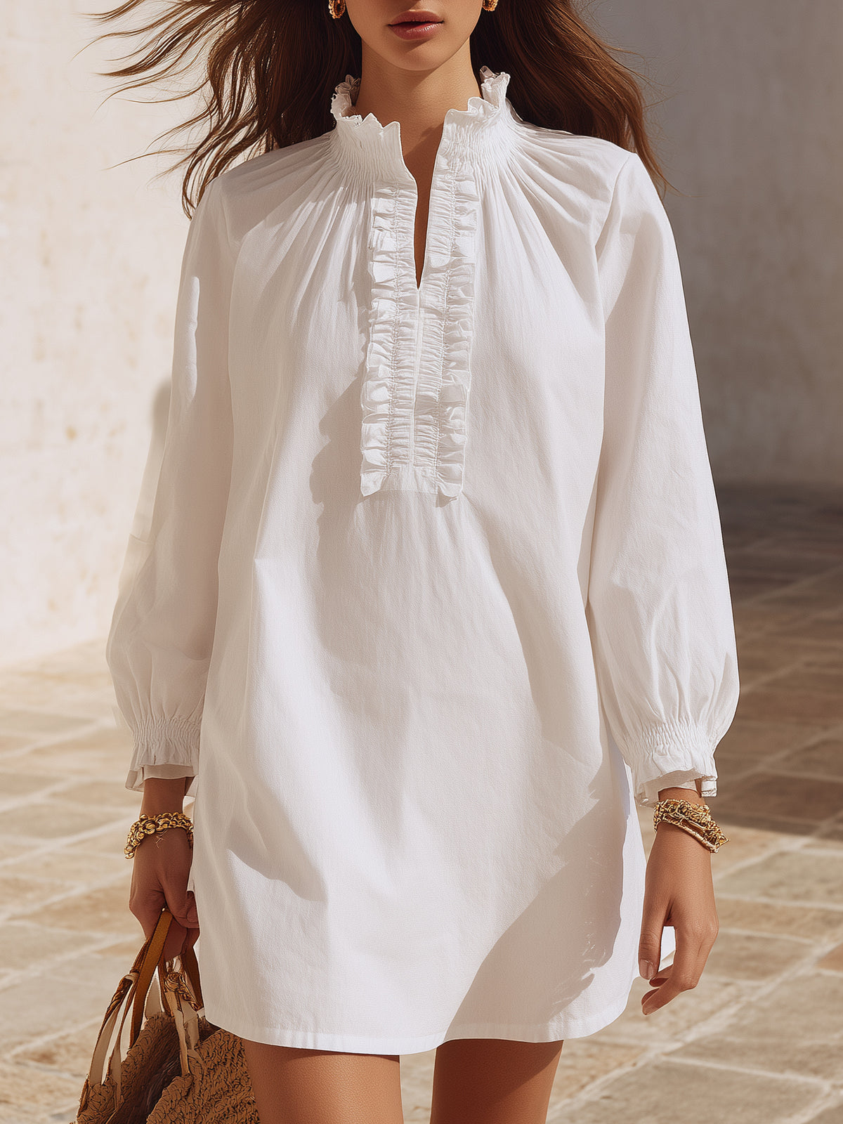 Minimalist Resort Light Cotton Woven Fabric Ruffle Mock Neck Long Sleeve Loose Mini Dress