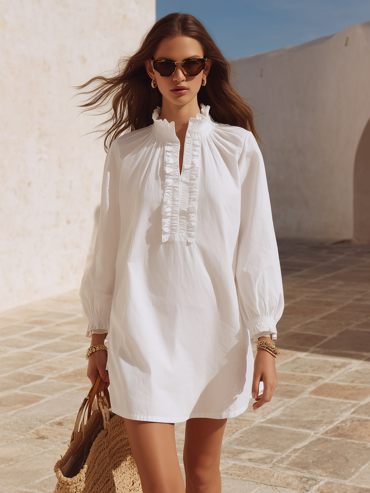 Minimalist Resort Light Cotton Woven Fabric Ruffle Mock Neck Long Sleeve Loose Mini Dress