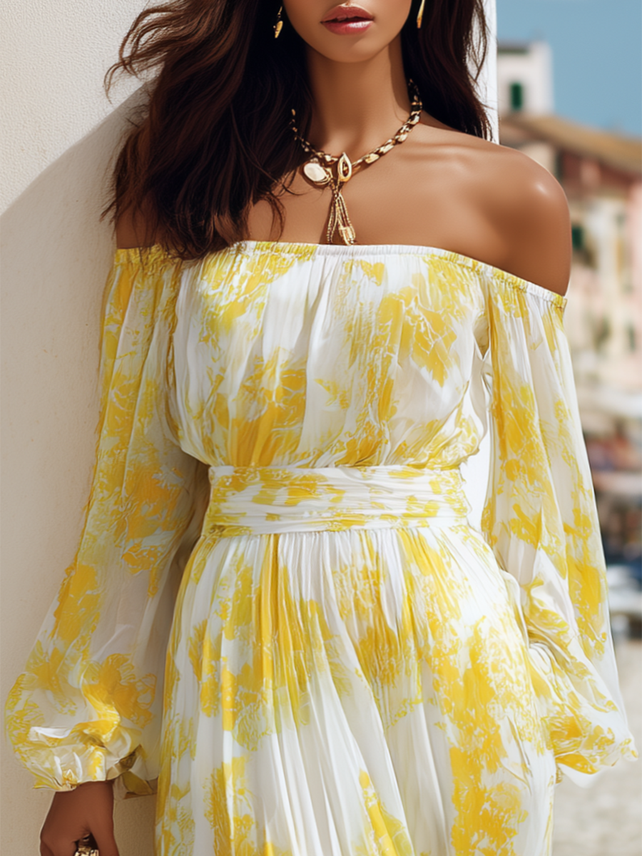 Vacation-style Off-shoulder Long-sleeved Printed Chiffon Maxi Dress