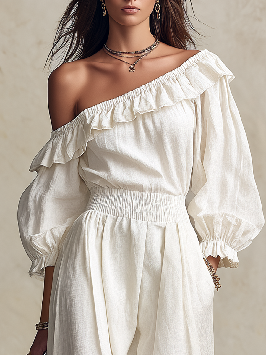 Vacation-style Solid-color One-shoulder Long-sleeve Jumpsuit