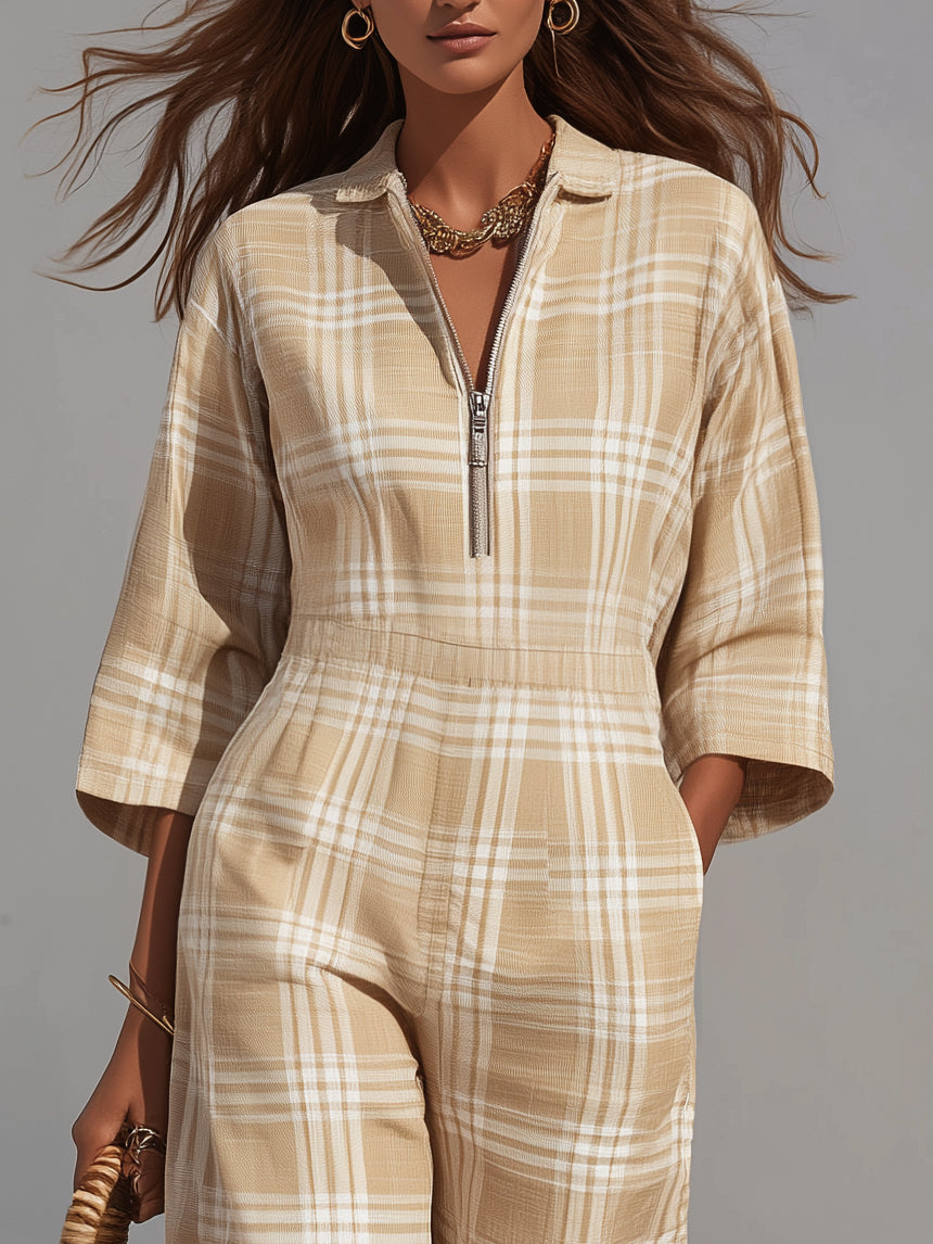 Neutral Resort Textured Linen Blend Beige Plaid Collar Zip Front Three Quarter Wide Leg Cropped Jumpsuit