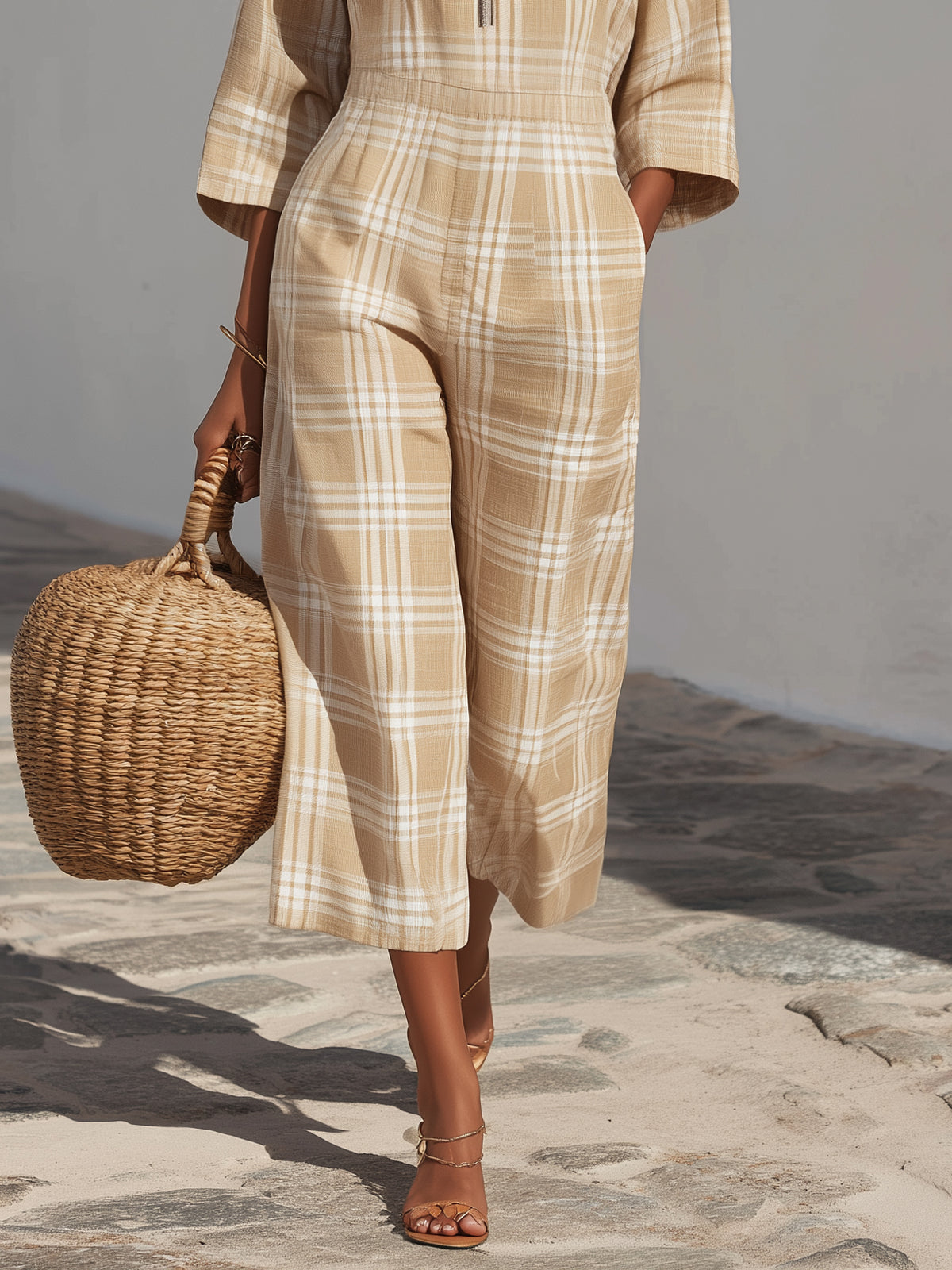 Neutral Resort Textured Linen Blend Beige Plaid Collar Zip Front Three Quarter Wide Leg Cropped Jumpsuit