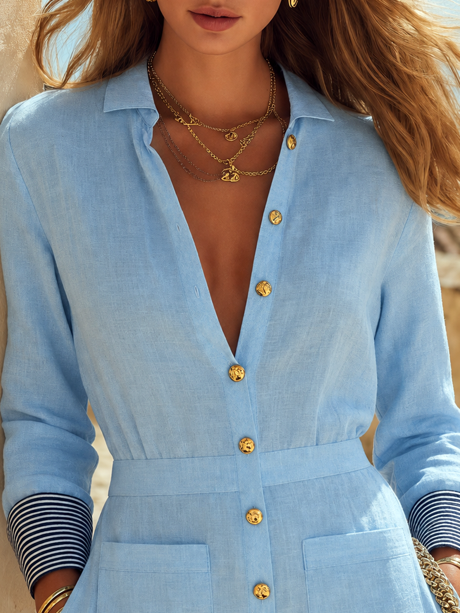 Resort-style V-neck Long-sleeve Striped Jumpsuit