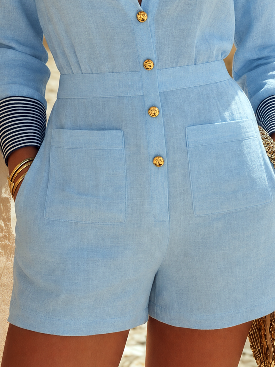 Resort-style V-neck Long-sleeve Striped Jumpsuit