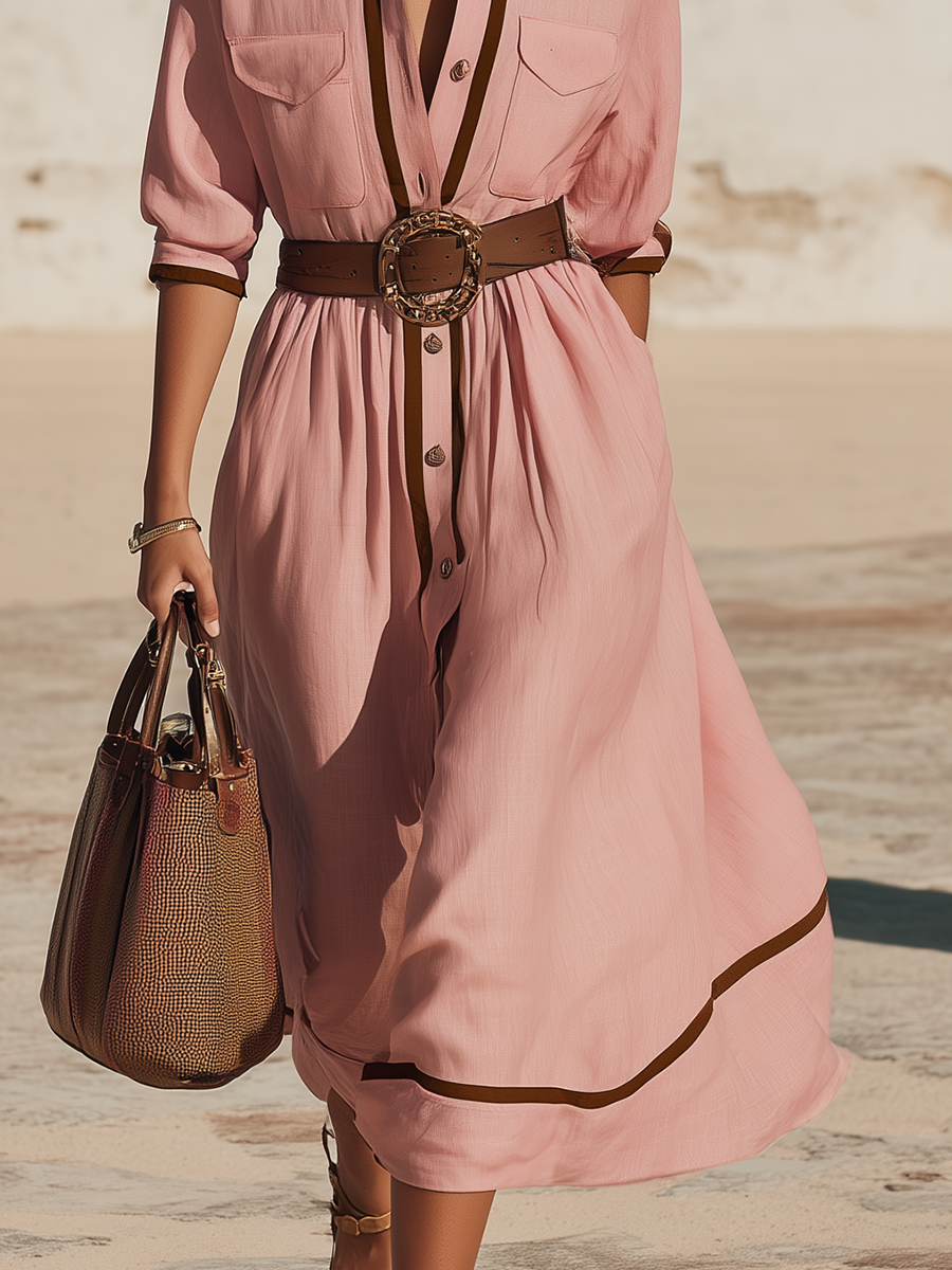 Resort-style Collared Mid-length Sleeves And Contrasting Trim Midi Dress