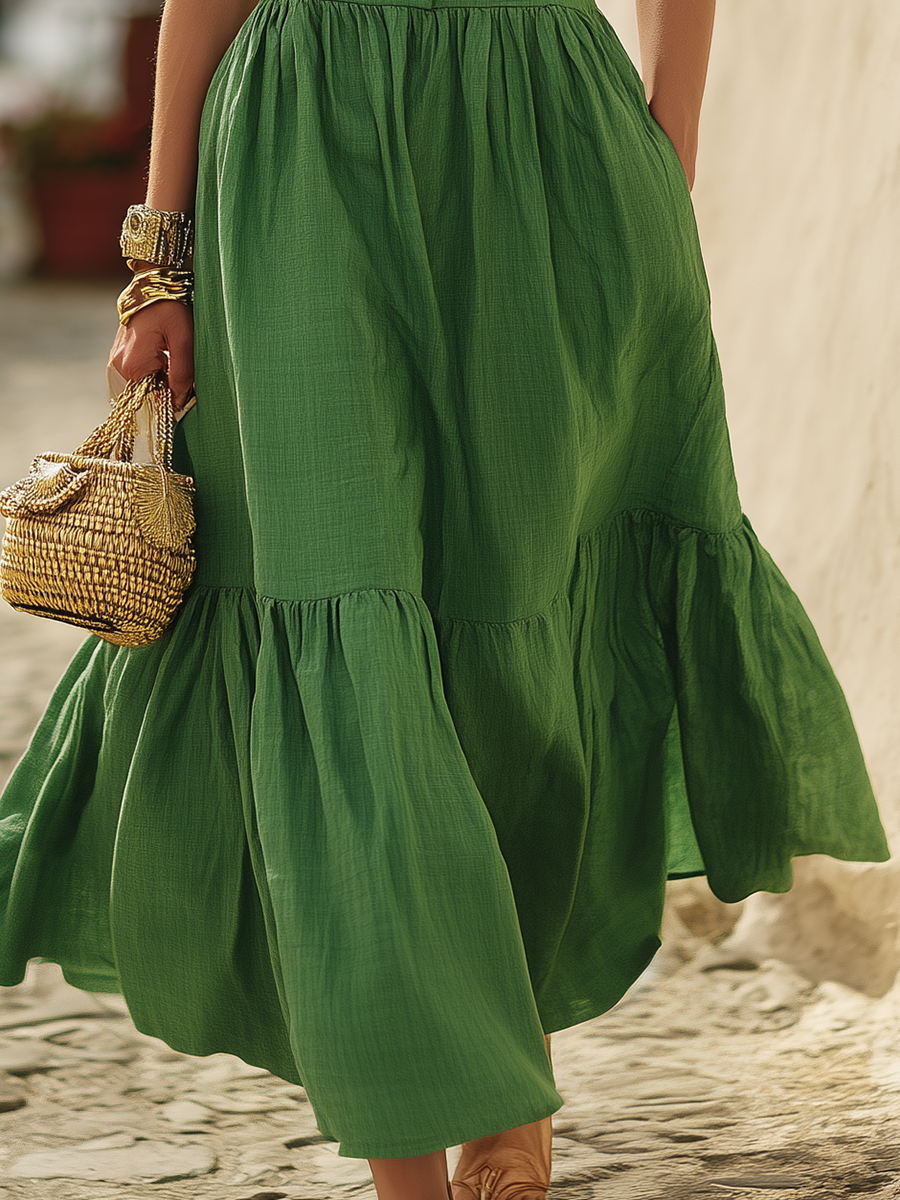 Vacation-style Square-neck Button-front Puff-sleeve Midi Dress