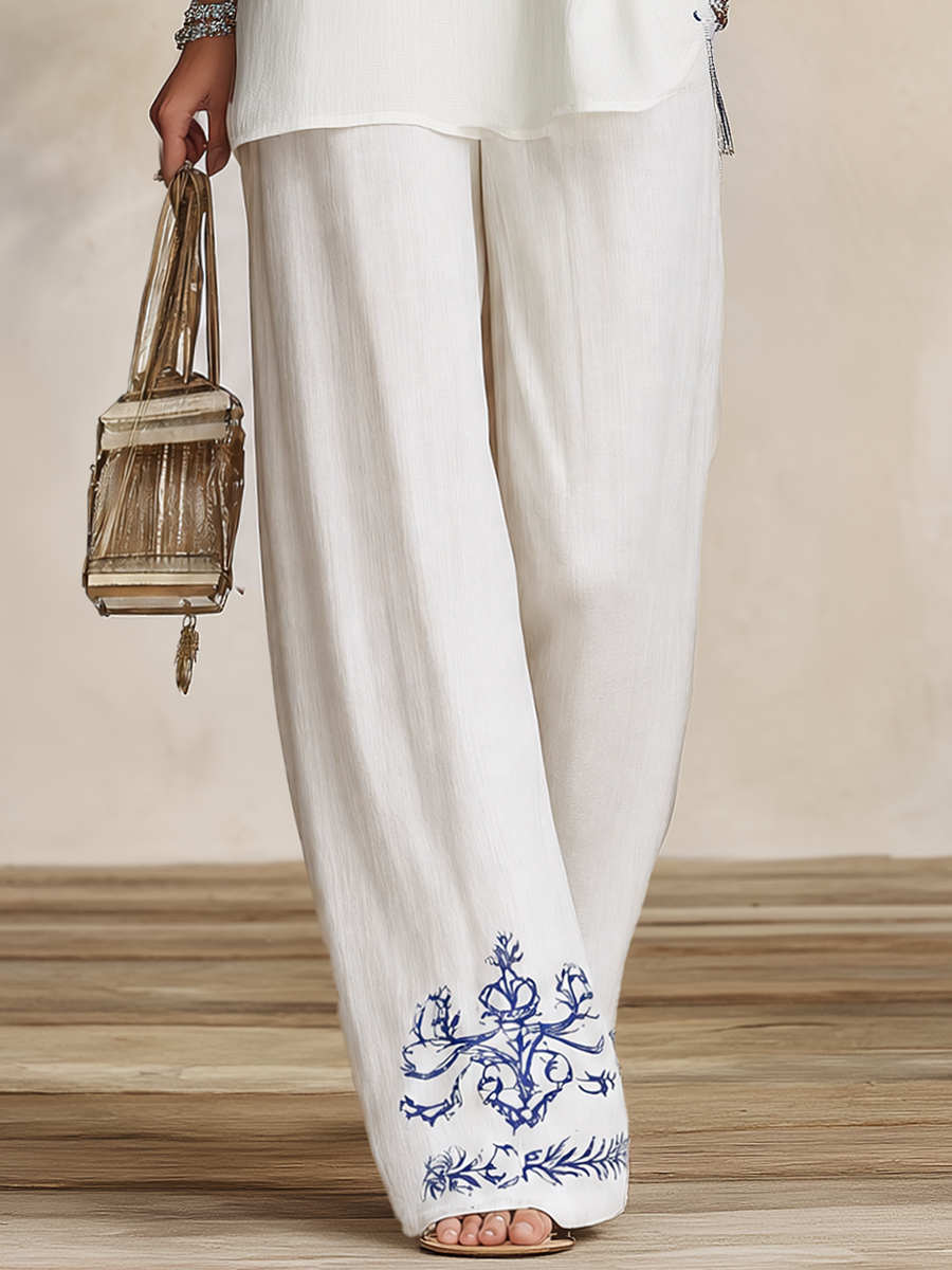 Resort-style Collared Embroidered Shoulder Cutout Long-sleeved And Trouser Suit
