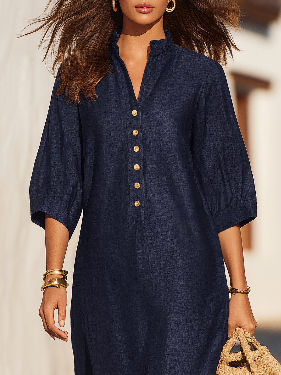 Minimalist Resort Linen Blend Stand Collar Half Button Tassel Hem Three Quarter Sleeve Loose Midi Dress
