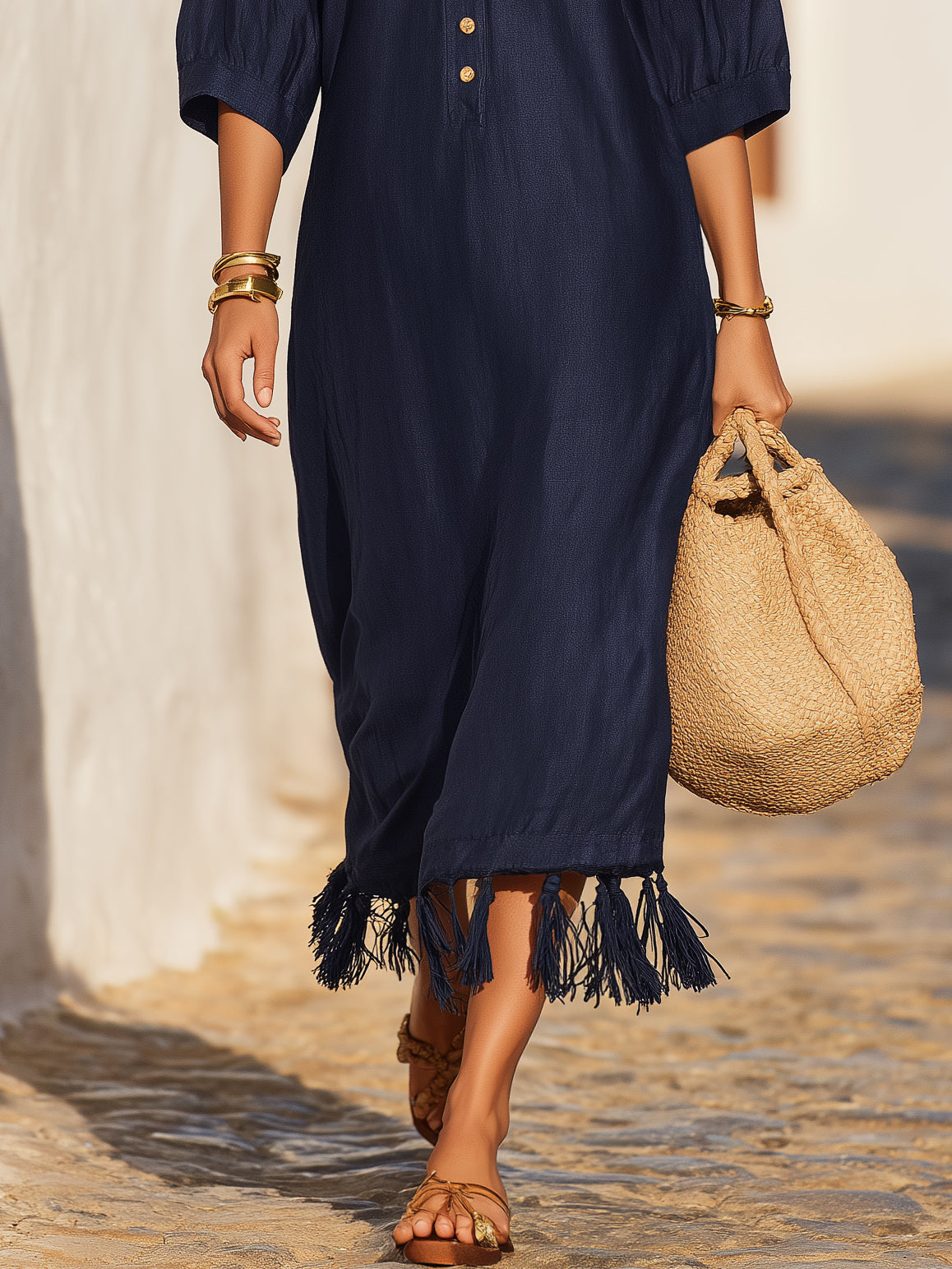 Minimalist Resort Linen Blend Stand Collar Half Button Tassel Hem Three Quarter Sleeve Loose Midi Dress
