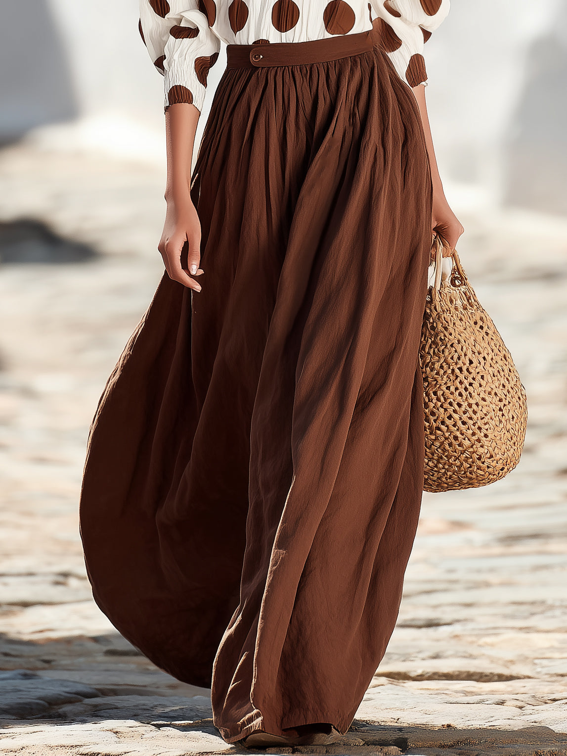 Retro Earth-Tone Resort Crinkled Woven Brown Dot Square Neck Puff Crop Top & Solid Brown Maxi Skirt Two Piece Set