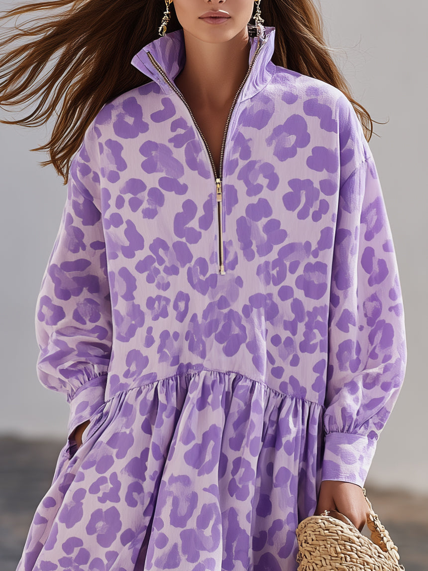 Soft Pastel Resort Crinkled Woven Lavender Leopard Zip Collar Balloon Sleeve Gathered Tiered Midi Dress