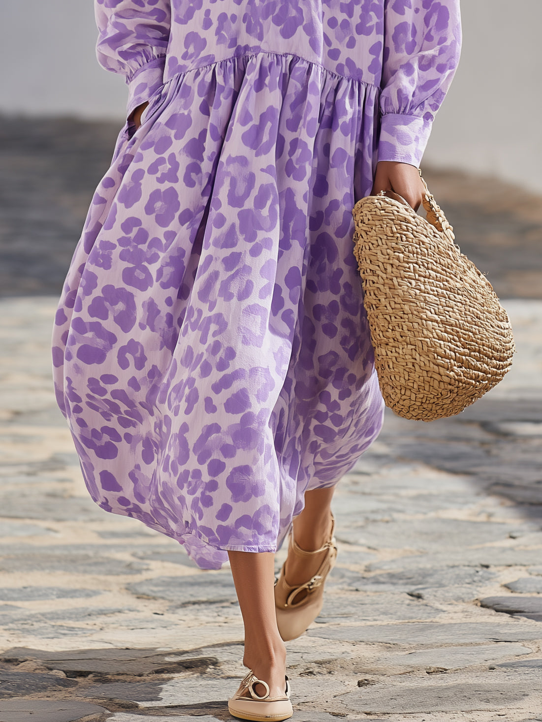 Soft Pastel Resort Crinkled Woven Lavender Leopard Zip Collar Balloon Sleeve Gathered Tiered Midi Dress