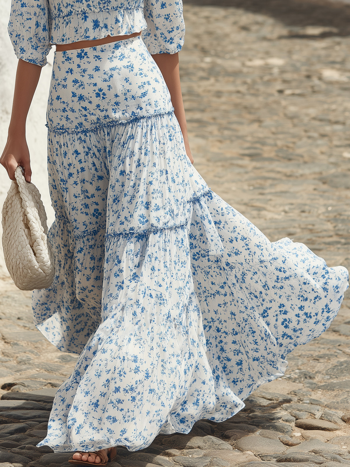 Fresh Coastal Resort Crinkled Woven Blue Ditsy Floral Square Neck Puff Sleeve Crop Top Tiered Maxi Skirt Two Piece Set