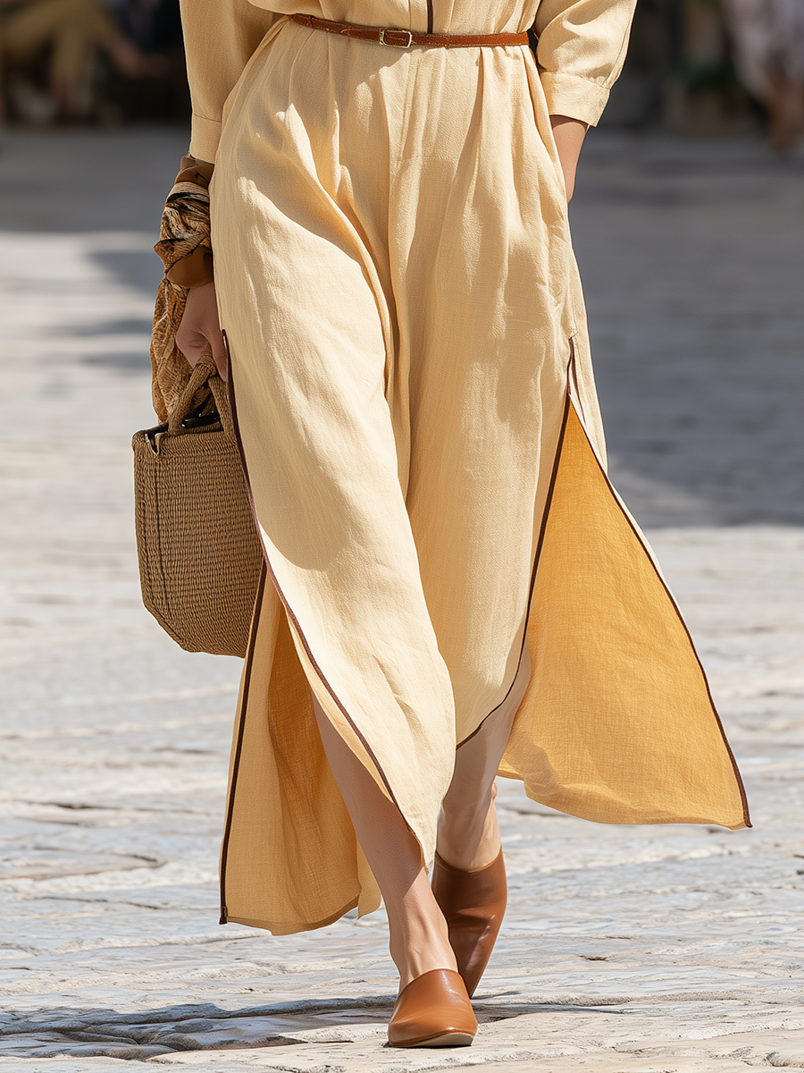 Elegant Contrast-Trim Belted Flowing Maxi Dress