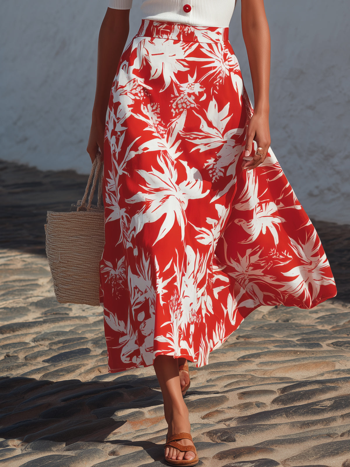 Vibrant Tropical Resort Rib Knit Square Neck Red Button Crop Top & Red White Tropical Leaf Print A-Line Midi Skirt Two Piece Set