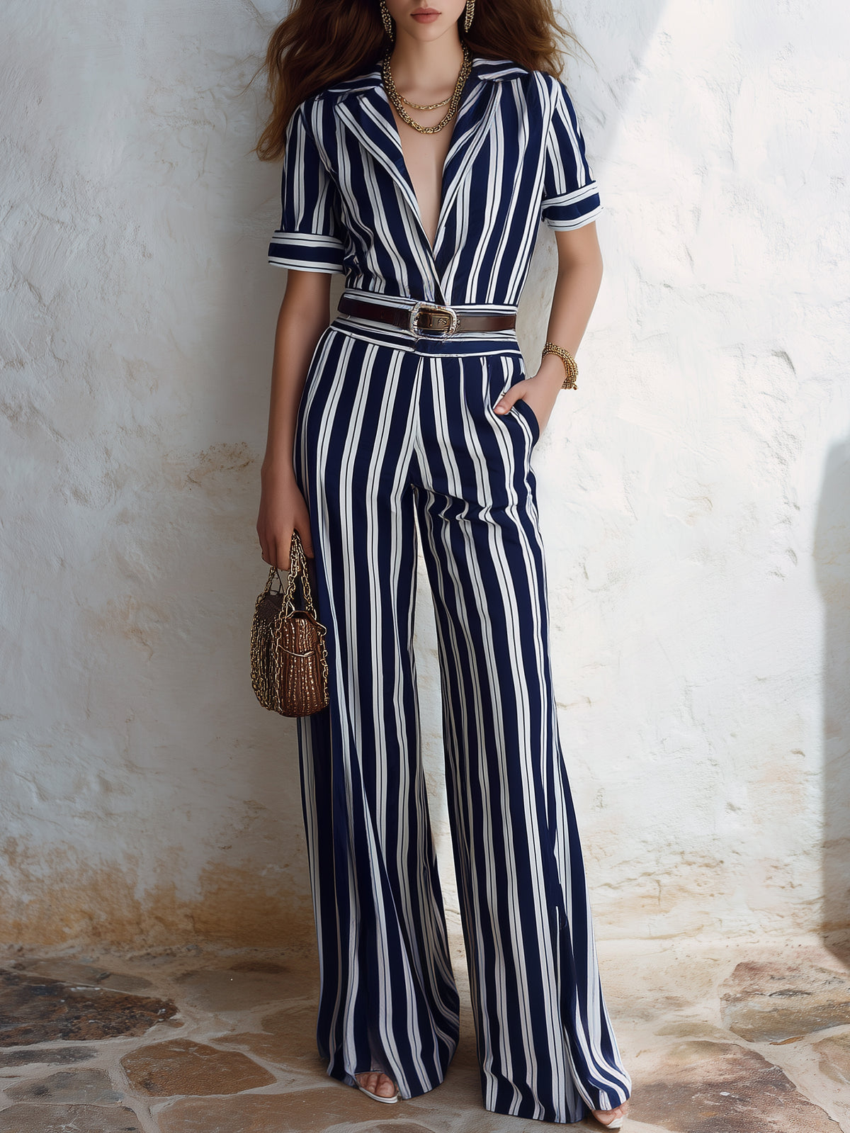 Chic Coastal Resort Satin Woven Navy White Vertical Stripe Lapel Wrap Short Sleeve Belted Split Hem Wide Leg Floor Jumpsuit