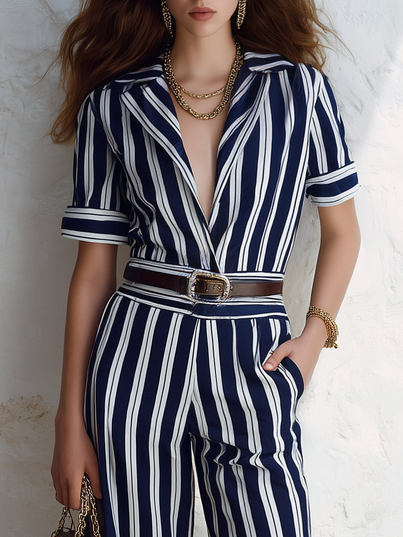 Chic Coastal Resort Satin Woven Navy White Vertical Stripe Lapel Wrap Short Sleeve Belted Split Hem Wide Leg Floor Jumpsuit