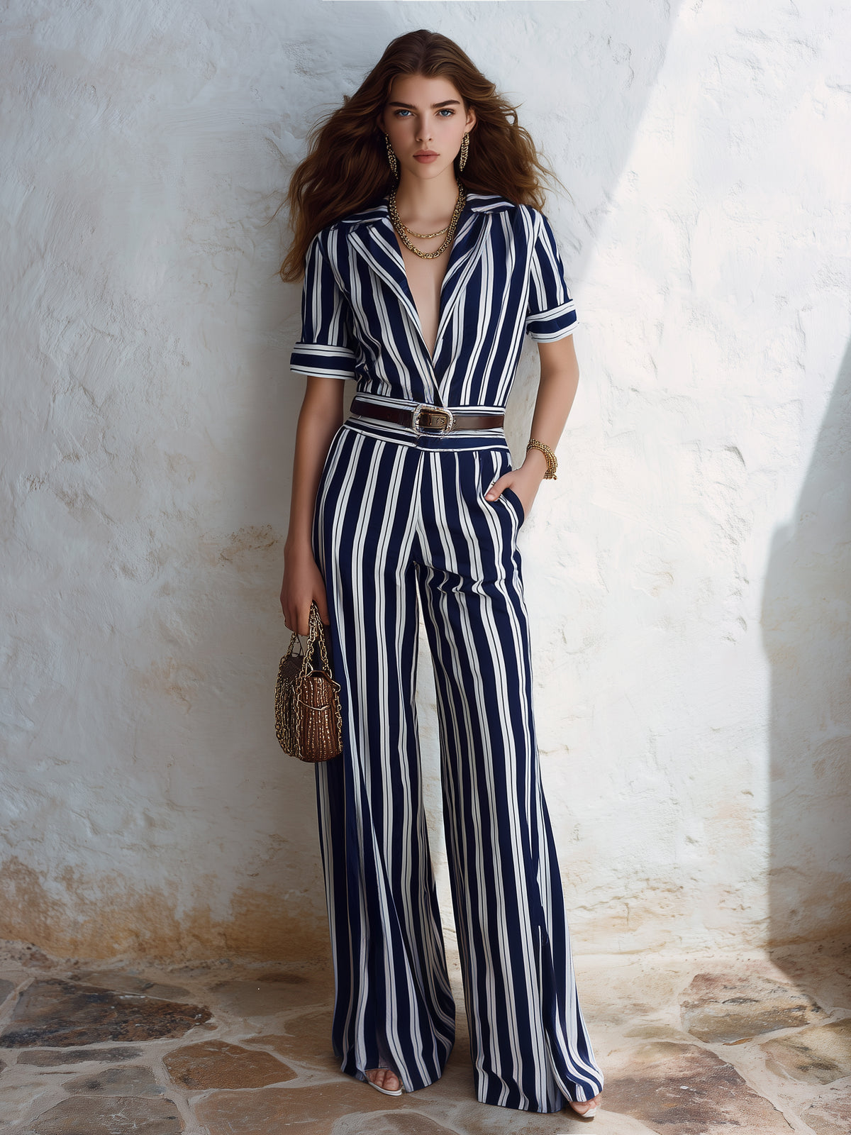 Chic Coastal Resort Satin Woven Navy White Vertical Stripe Lapel Wrap Short Sleeve Belted Split Hem Wide Leg Floor Jumpsuit