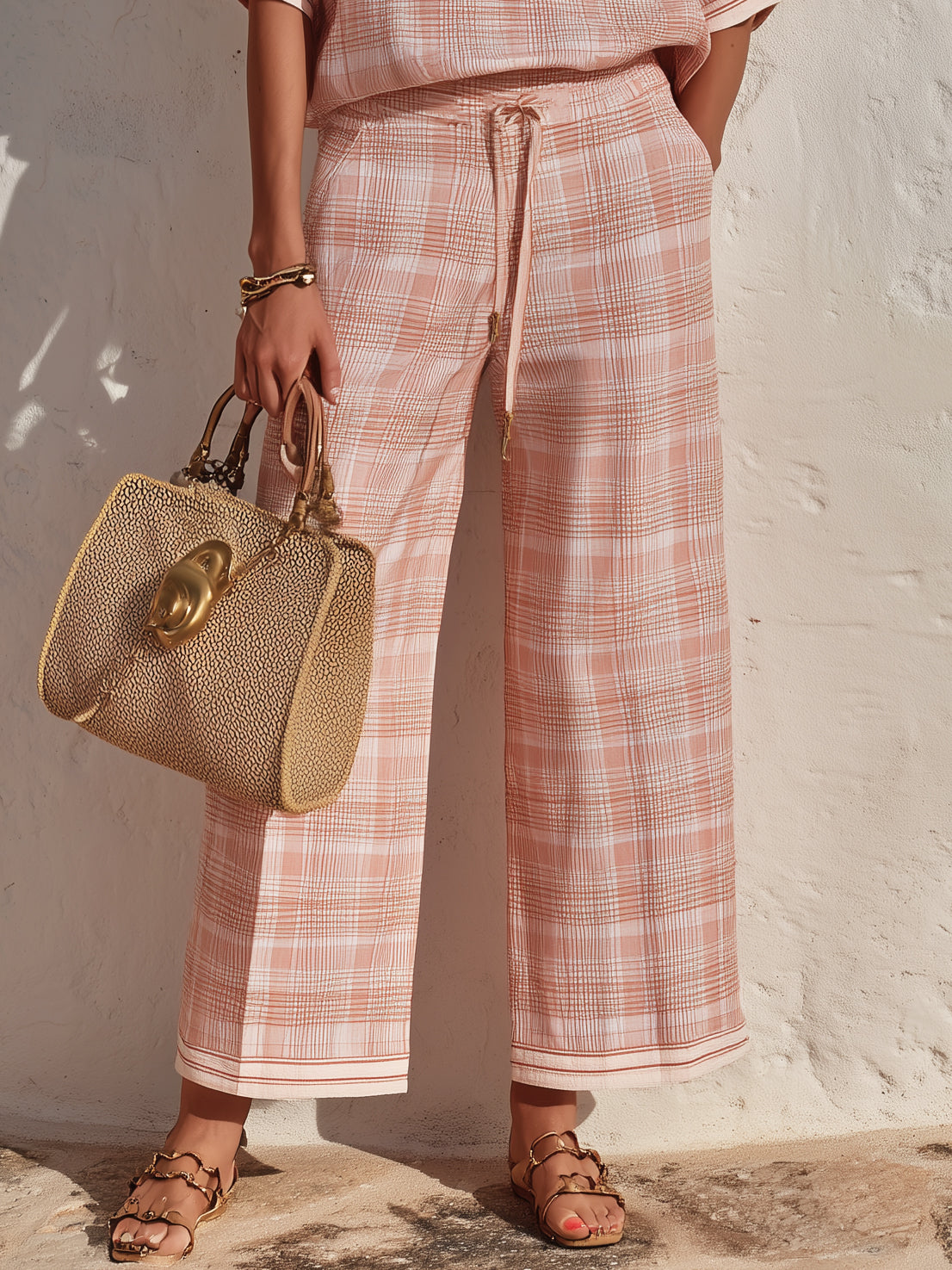 Soft Neutral Resort Textured Woven Blush Placket V Neck Short Sleeve Drawstring Wide Leg Ankle-Length Two Piece Set