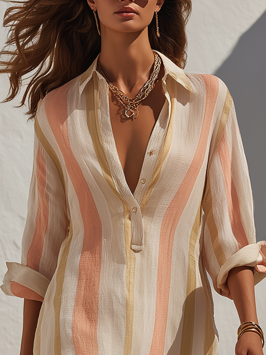 Vacation Retro Striped Half-Open Shirt Dress